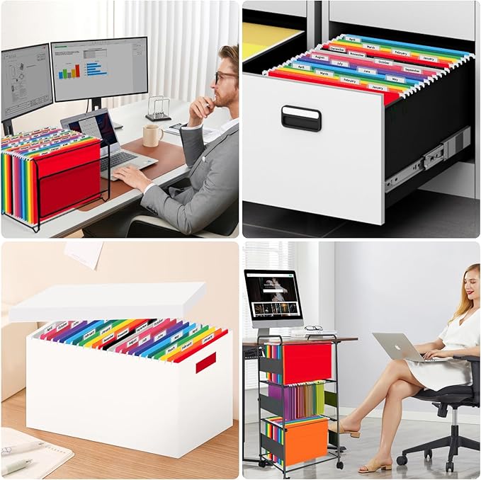 24 Pack Hanging File Folders, Letter Size with 1/5-Cut Adjustable Tabs, 12 Selected Color - File Folder Organizer for Filing Cabinet Office Home, Designed for Bulky Files, Medical Charts