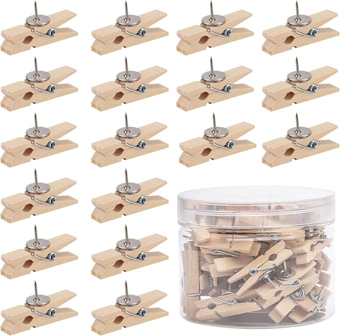 50Pcs Wooden Clips Push Pins Tacks for Cork Board Artwork for Crafts Arts Projects Photo Supplies(Wood Color)