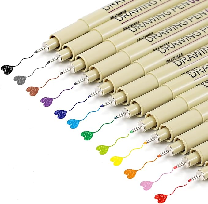Muchcute 05 Micro Fineliner Drawing Art Pens: 12 Colors 0.45mm Extra Fine Point Bible No Bleed Smooth Journal Zentangle Study Supplies Colored Waterproof Line Ultra Needle Tip Fine liner Thin Gel Felt