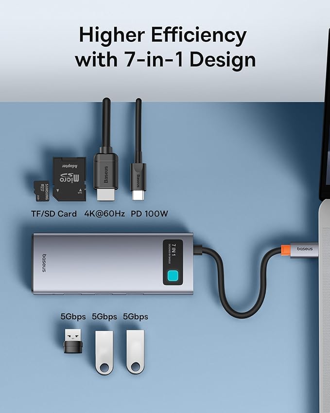 Baseus USB C to HDMI Adapter, 4K@60Hz USB C Docking Station, 7 in 1 USB C Hub with 3 USB-A, PD 100W, TF/SD Card Reader, Compatible for iPhone 15/Mac/Dell/Acer/HP/ASUS/Steam Deck/Rog Ally