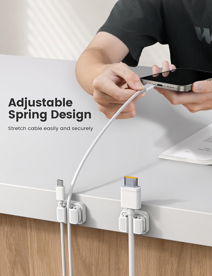 6Pack Cord Organzier Spring Clip Holder - Lamicall 3-in-1 Small Clips for Desk Cable Management, Adhesive Adjustable Cable Clips Holder for Charger Wire, USB Cord, Office, Car, Desk Accessories