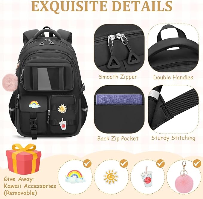 Kids Backpacks for Girls - Cute Girls Backpack for Kids Children Teens Elementary Middle School - 17″ Students Bookbag Travel Back Pack for Age 6-18