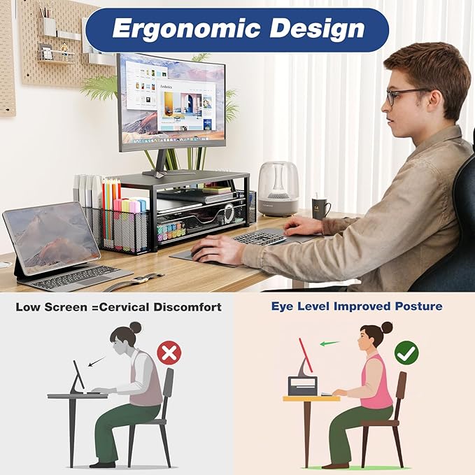 OPNICE Desk Organizers and Accessories, 2-Tier Computer Monitor Stand Riser with Drawer and 2 Pen Holders, Laptop Stand, Office Desk Accessories for Office Supplies, Green