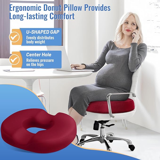 CloudBliss Donut Pillow Seat Cushion Chair Pad for Tailbone Pain Relief and Hemorrhoids, Memory Foam Seat Chair Cushion for Men and Women for Home & Office, (Red-2XL)