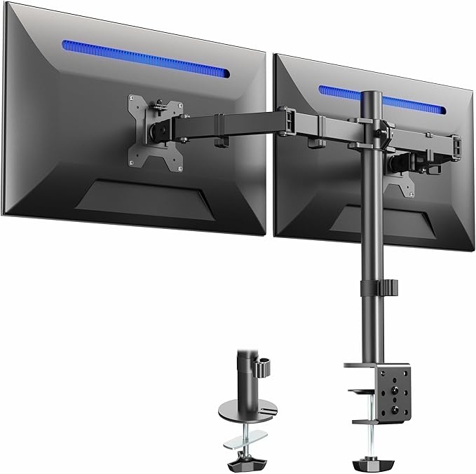 VIVO Dual Monitor Desk Mount, Holds 2 Computer Screens up to 30 inches and 22lbs Each, Heavy Duty Fully Adjustable Steel Stand with C-Clamp and Grommet, Black, STAND-V002