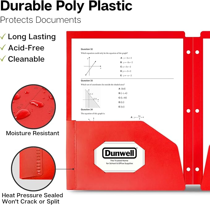 Dunwell Plastic 2-Pocket Folders for 3-Ring Binders, (3 Pack, Red) 3 Hole Punched, Divider Folder for Notebooks, Long Lasting Poly, Fits 8.5x11 Sheets, Includes Labels