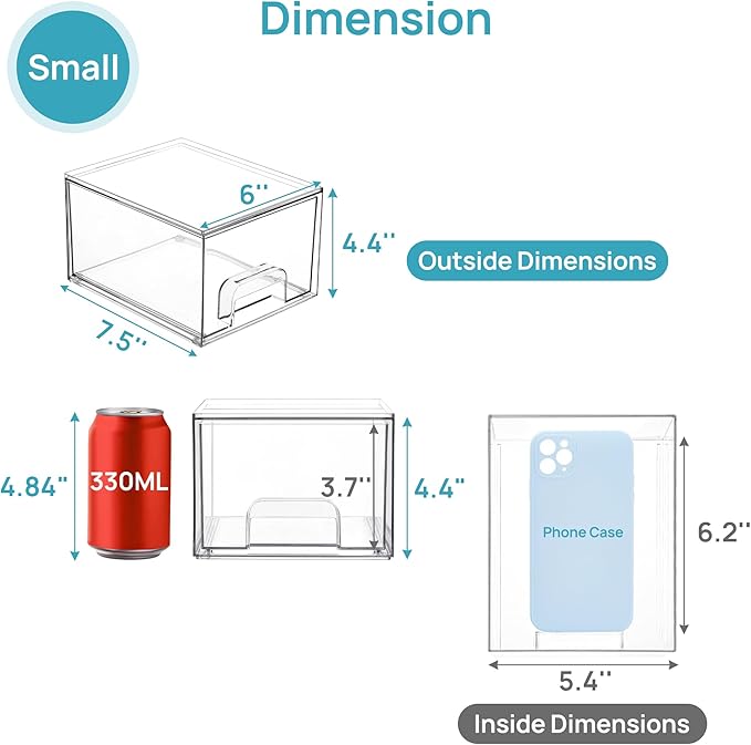 Vtopmart 4 Pack Small Clear Stackable Storage Drawers,Acrylic Bathroom Makeup Organizer,Plastic Storage Bins For Vanity, Undersink, Kitchen Cabinets, Pantry, Home Organization