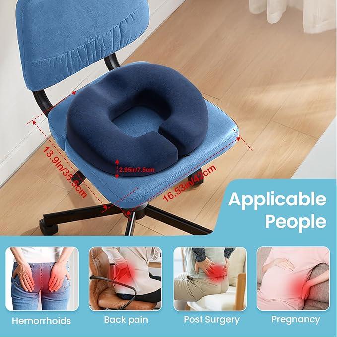 Benazcap Donut Pillow Seat Cushion, Donut Chair Cushions for Postpartum Pregnancy & Hemorrhoids, Memory Foam Seat Chair Cushion for Sciatica & Hip & Coccyx Pain Relief-Blue