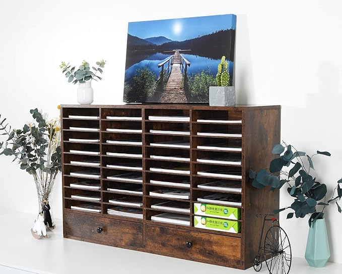 PAG Mail Sorter Organizer, Wood Literature Organizer, Student Mailbox for Classroom, Desktop Bill Paper Organizer for Office Home School, 38 Compartments, Antique Brown