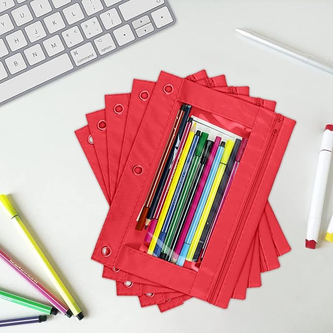 YoeeJob Pencil Pouch for 3 Ring Binder, Zipper Pencil Pouches Bulk, Pencil Case Pouch with Clear Window for Class, School, Office, Red, 24 Packs
