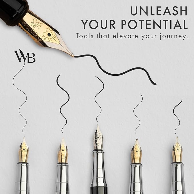 Wordsworth & Black Fountain Pen Gift Set, Includes Ink Bottle, 6 Ink Cartridges & A Refill Converter, 4 Replacement Nibs, Premium Package, Journaling, Calligraphy, Smooth Writing Pens [Silver Chrome]