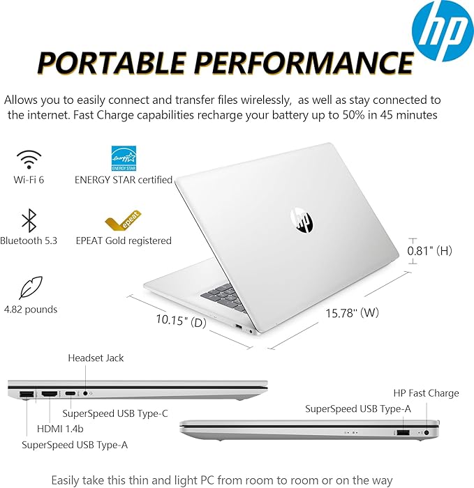 HP 17.3" Touchscreen Laptop PC Computer, 17 Inch HD+ Touch Screen Business Laptop Notebook, Windows 11 Pro, AMD Ryzen 5 (6-Cores), 8GB RAM 512GB SSD, 10-Key Number Pad, Copilot Key