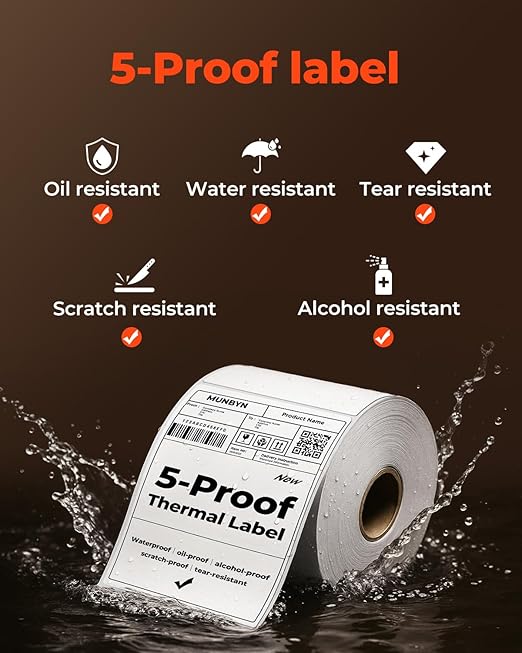 MUNBYN 4"x6" Direct Thermal Shipping Labels, Durable Waterproof, Oil-Proof, Scratch-Proof, Alcohol-Resistant, Tear-Resistant Label Paper for Thermal Printers, Packages, and Logistics, 380 Sheets/Roll