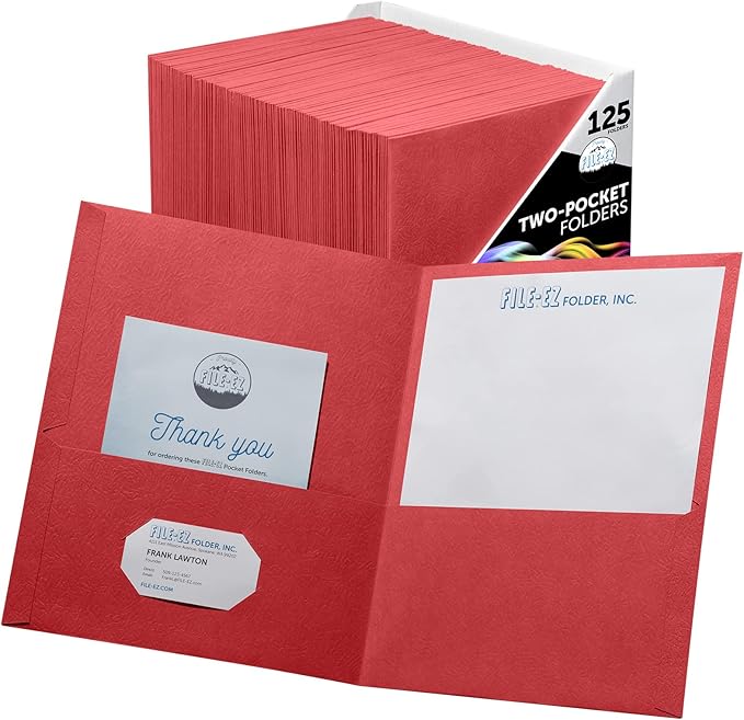 FILE-EZ Two-Pocket Folders, Red, 125-Pack, Textured Paper, Letter Size (EZ-32458)