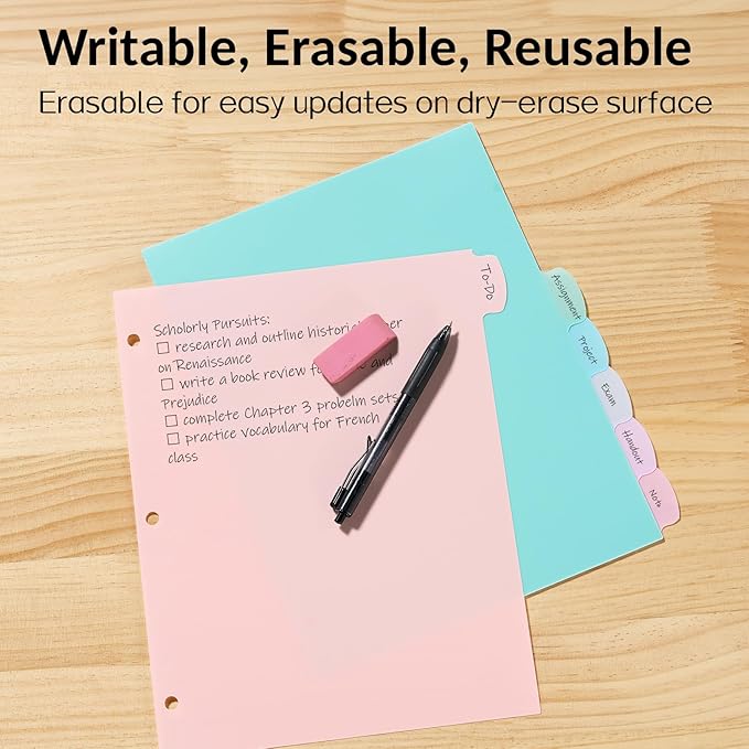 Sooez 8 Tabs Long-Lasting Plastic Write & Erase Large Tabs Dividers for 3 Ring Binder, Aesthetic Cute Pastels Binder Dividers for Student, Teacher, Office, Home Organizers, 1 Set, Dusty Color