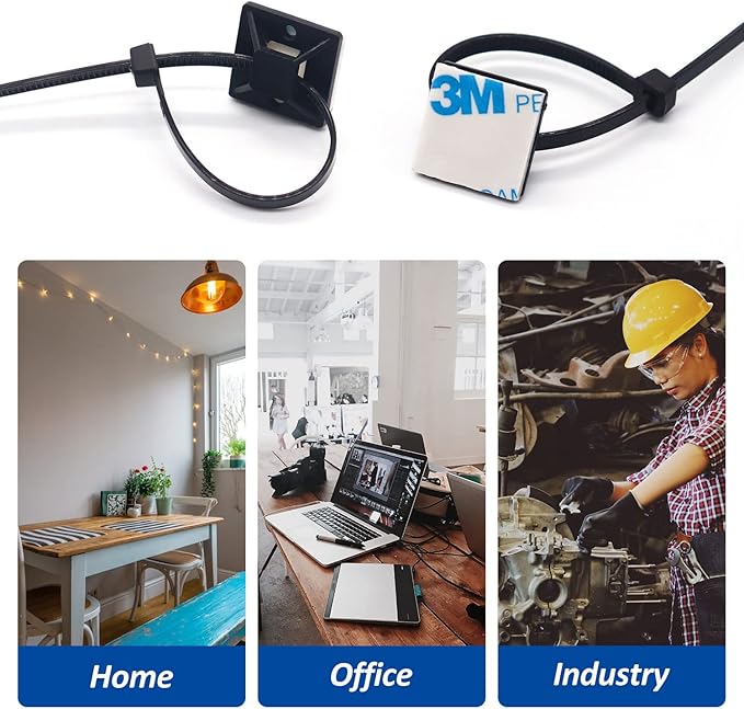 Strong Back-Glue Self Adhesive Cable Zip Tie Mounts Kit - 100 Set Cable Management Clips with 6" Zip Ties, Wire Holders - Outdoor Sticky Wire Organizer Clips-Black