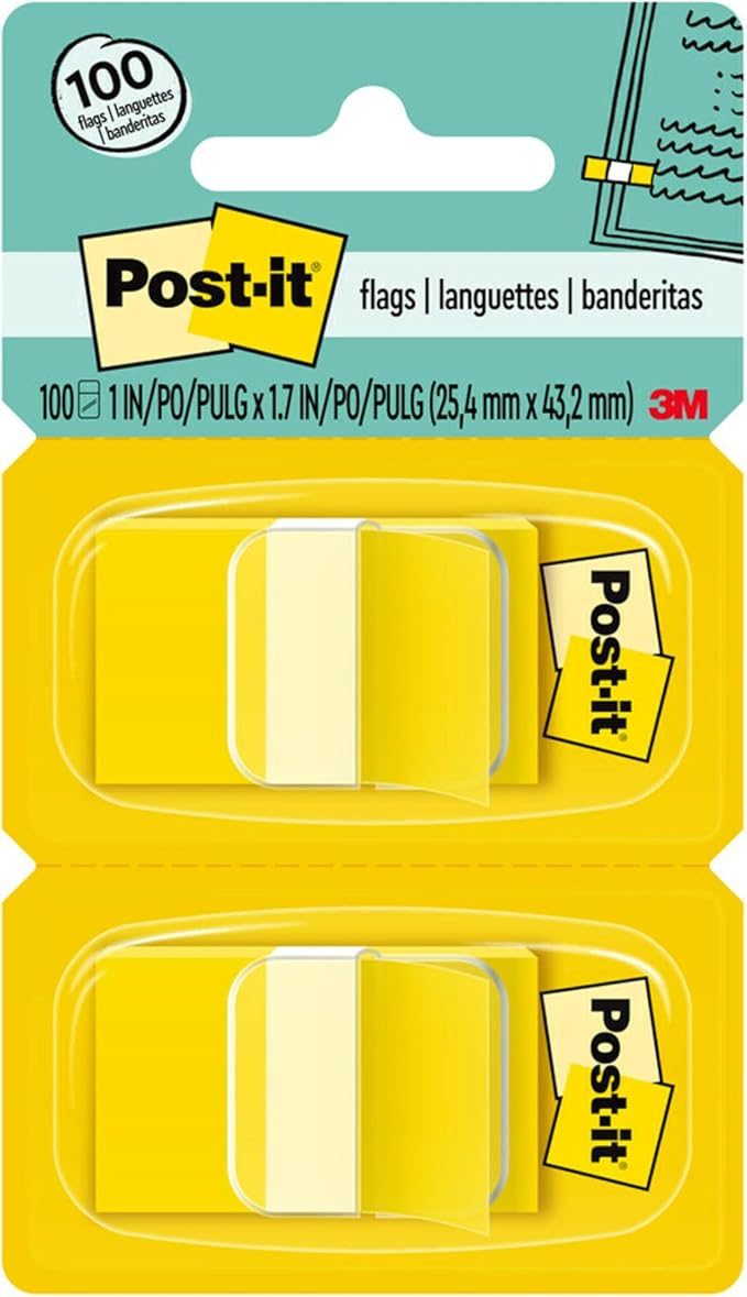 Post-it Flags, 1 in. Wide, 100/per Pack, Canary Yellow (680-YW2)- 24 Pack