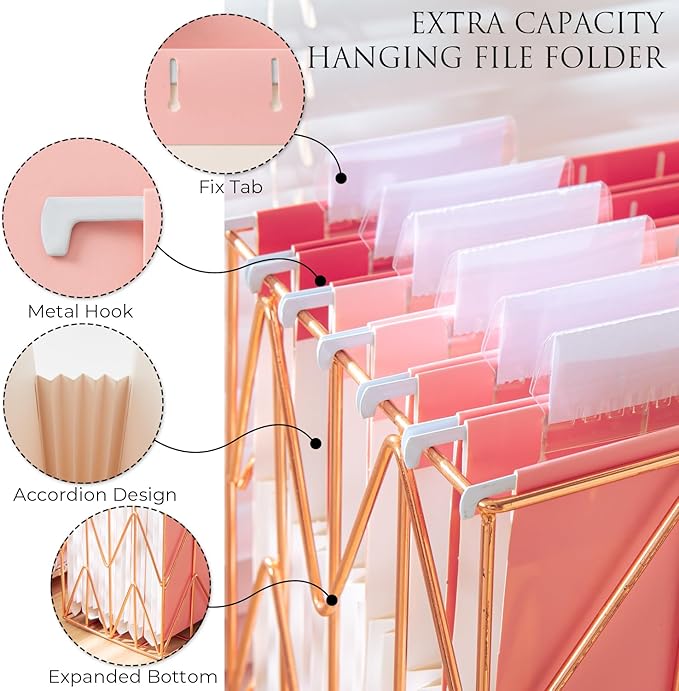 Y YOMA Letter Size - 24 Pack Extra Capacity Hanging File Folders Accordion Decorative Reinforced File Folder Cute Colored Expandable Folder for Office Home with 1/5-Cut Adjustable Tabs, Cute Pink