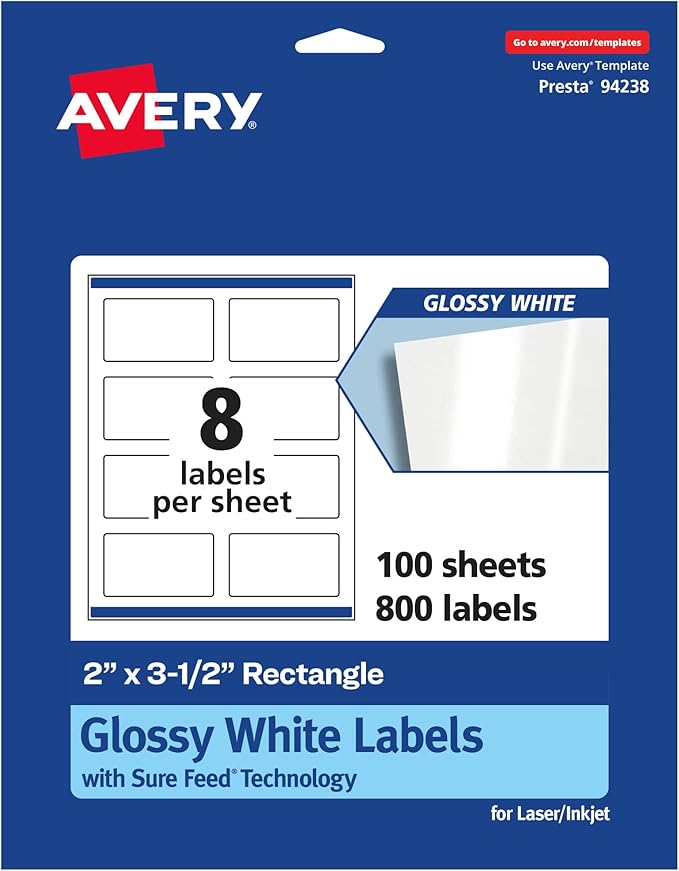 Avery Glossy White Rectangle Labels, Sure Feed Technology, 2" x 3.5", 800 Glossy White Labels, Print-to-The-Edge, Permanent Adhesive, Laser/Inkjet Printable