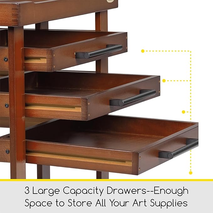 MEEDEN Art Supplies Storage Cart: 5-Tier Solid Beech Wood Utility Rolling Cart with 3 Drawers - Craft Orgnizer on 4 Wheels - Walnut Color