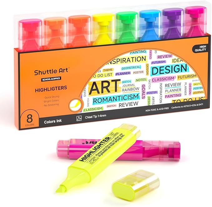 Shuttle Art Highlighters, 8 Assorted Colors Highlighter Pens, Chisel Tip Dry-Quickly Non-Toxic Highlighter Markers for Adults Kids Highlighting on Home School Office