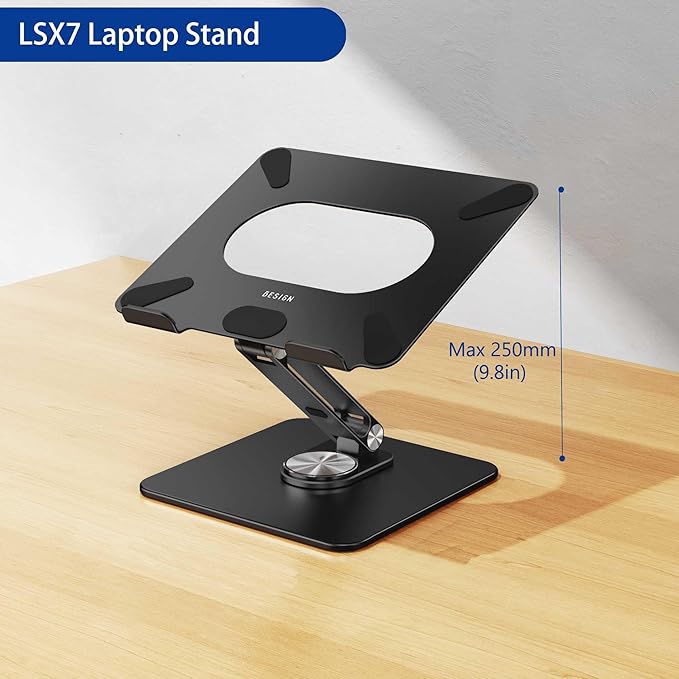 BESIGN LSX7 Laptop Stand with 360 Rotating Base, Ergonomic Adjustable Notebook Riser Holder Compatible with Air, Pro, Dell, HP, Lenovo More 10-15.6" Laptops (Black)