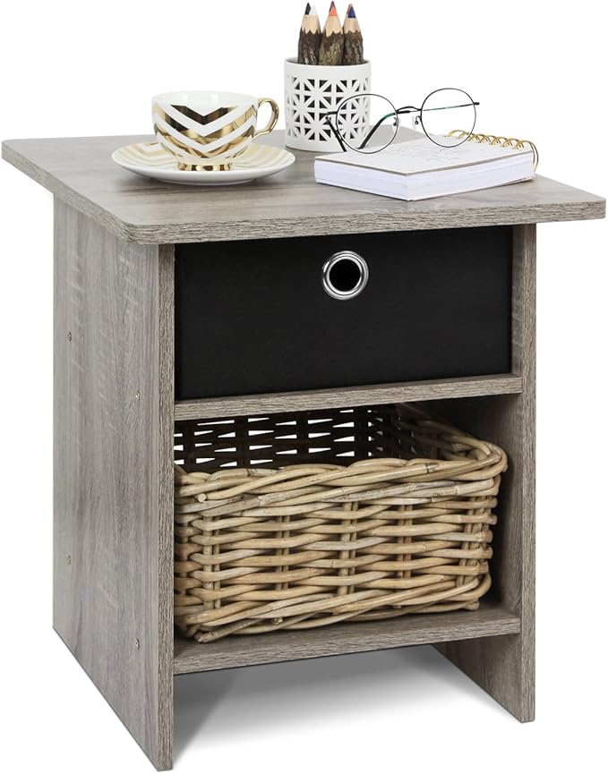 Furinno Dario End Table / Side Table / Night Stand / Bedside Table with Bin Drawer, 1-Pack, French Oak Grey/Black