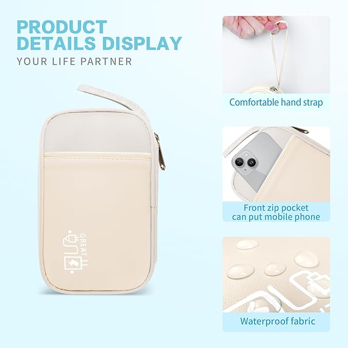 Electronics Travel Organizer,Portable Waterproof Electronic Travel Storage Bag for Small Charging Cord Storage,Charger,Small Electronics,SD Card etc,for Travel,Business -Beige