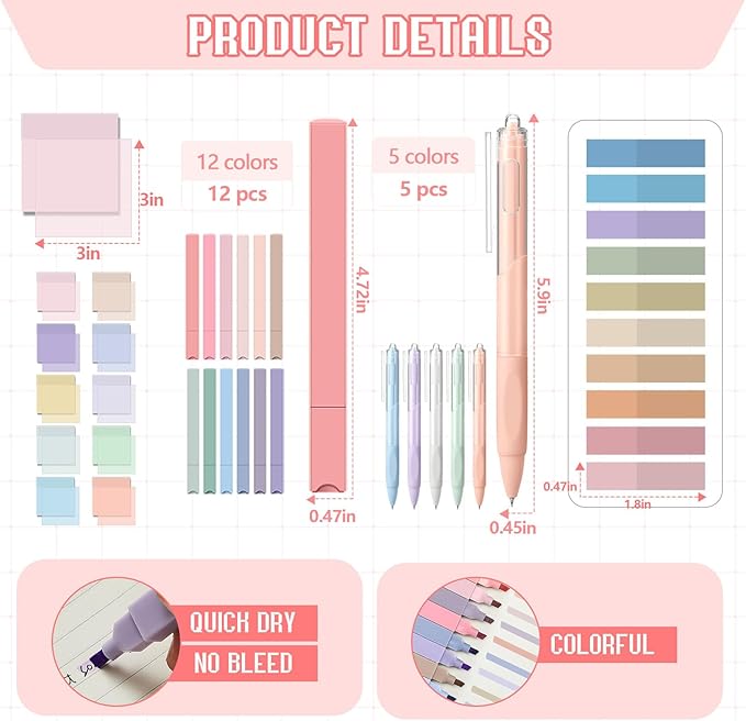 Jutom 39 Pcs Aesthetic Book Annotation Kit Highlighter with Pencil Case Bag Gel Pen Transparent Sticky Note Taking Bible Study College School Supplies(Pink,Kawaii Style)
