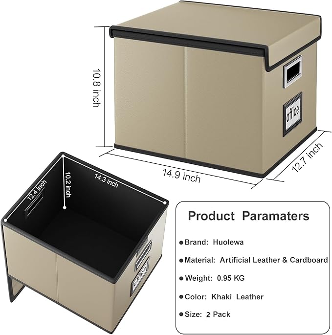 Huolewa File Organizer Boxes with Lids, Collapsible Faux Leather Hanging File Folder Box Organizer with Plastic Slide, Decorative Home/Office Filing System Boxes for File and Folders Storage