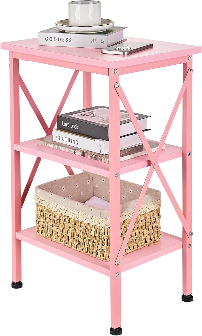VECELO End Table, Bedside Table, 24" Tall Living Room End Tables, X-Design Reinforced Nightstands, Side Table with 3-Tier Storage Shelves for Small Spaces, Office, Bathroom, Bedroom, Pink