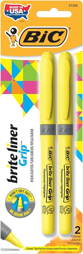 BIC Brite Liner Grip Highlighters, Chisel Tip (1.6 mm), Classic Yellow, 2-Count Pack, Best Highlighters for School Supplies and Office Supplies