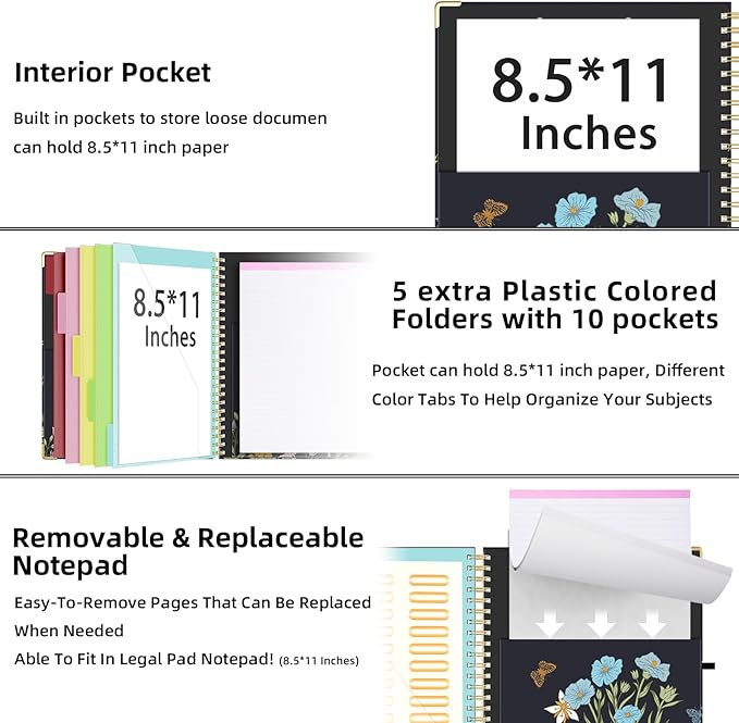 Ospelelf Clipboard with Storage 8.5 X 11，Padfolio Organizer, Spiral Portfolio Letter Size with Notepad, Pen Holder, 5 Extra Folder Divider Pages, Elastic Closure Nurse Essentials (Night Flowers)