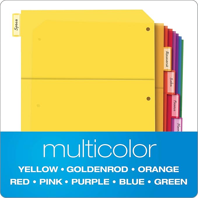 Oxford Plastic 2 Pocket Binder Dividers, 8 Tab 1/8 Cut, Multicolor Large Tab Set, Insertable Dividers with Paper Inserts, Letter Size, 3 Sets (89603)