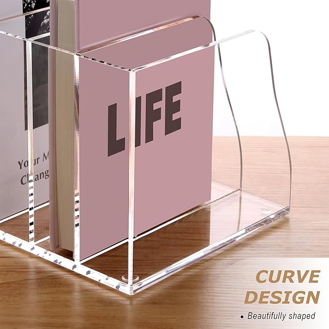 SANRUI Acrylic Magazine File Holder, 6 Vertical Compartments Desk Document Sorter Organizer, Clear Folder Rack Binder Bookstore Workspace Sorters for Office Accessories Organization Storage