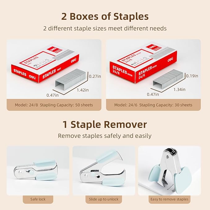 Deli Effortless Desktop Stapler, Heavy Duty Stapler, 40-50 Sheet Capacity, One Finger, No Effort, Includes 1500 Staples & Staple Remover, Blue