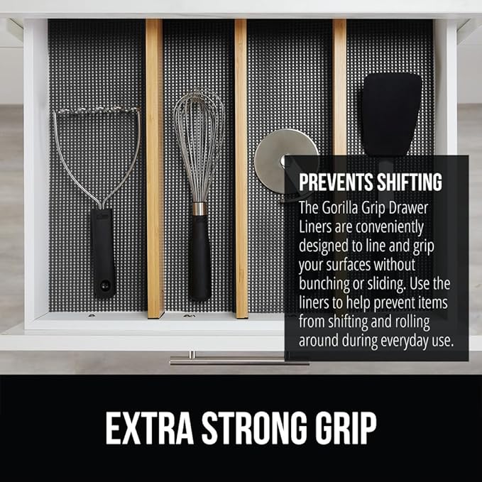 GORILLA GRIP powerGRIP Drawer Shelf and Cabinet Liner, Thick Strong Hold, Non-Adhesive Liners Protect Kitchen Cabinets and Cupboard, Bathroom Drawers, Easy Install, Breathable Mat, 12" x10', Charcoal