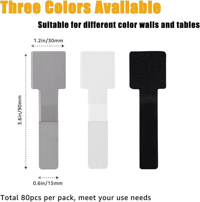 80PCS Hook and Loop Cable Straps, Cable Management Under Desk, Self Adhesive Cable Ties, Reusable Wire Organizers for Cords, Adjustable Cord Organizers for Desk, Home Office Essentials, White
