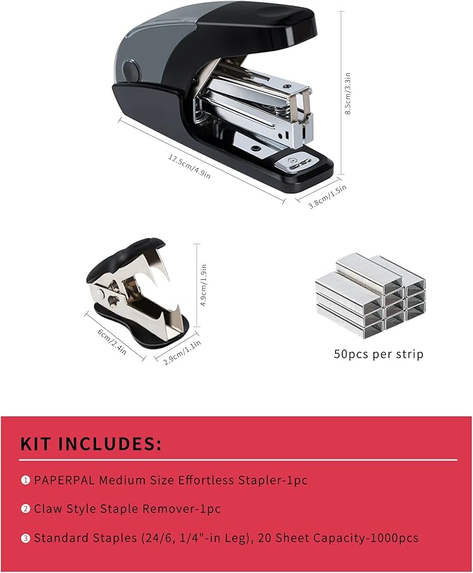 PAPERPAL Effortless Standard Stapler Set, 20 Sheet Capacity, Half Strip with Built-in Staples Storage, Includes 1000 pcs 1/4“ Staples & A Staple Remover, for Office, School & Personal Use, Black