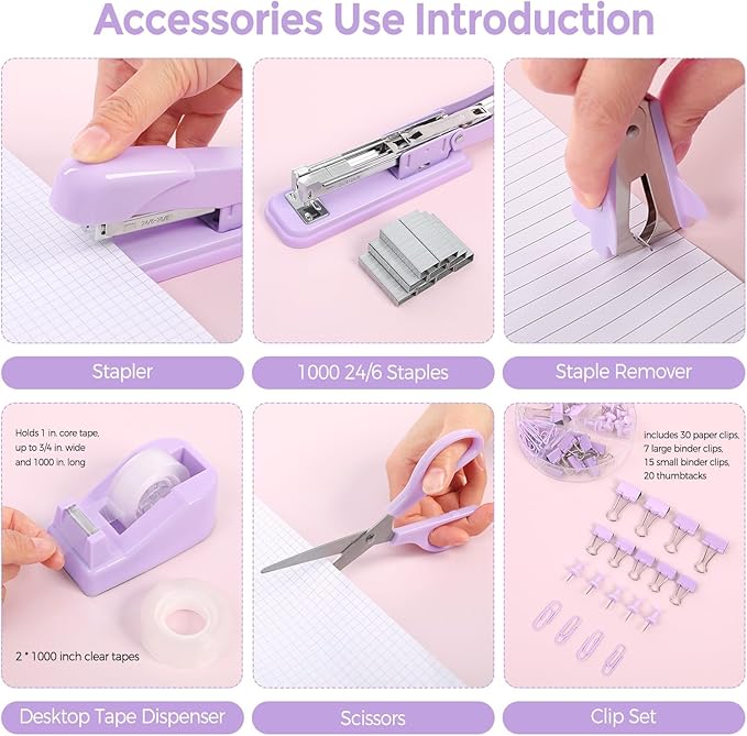 SKYDUE Purple Desk Accessories, Purple Office Supplies Set, Stapler, Tape Dispenser, Scissors, Binder/Paper Clips and 1000pcs Staples,Office Supplies for Women