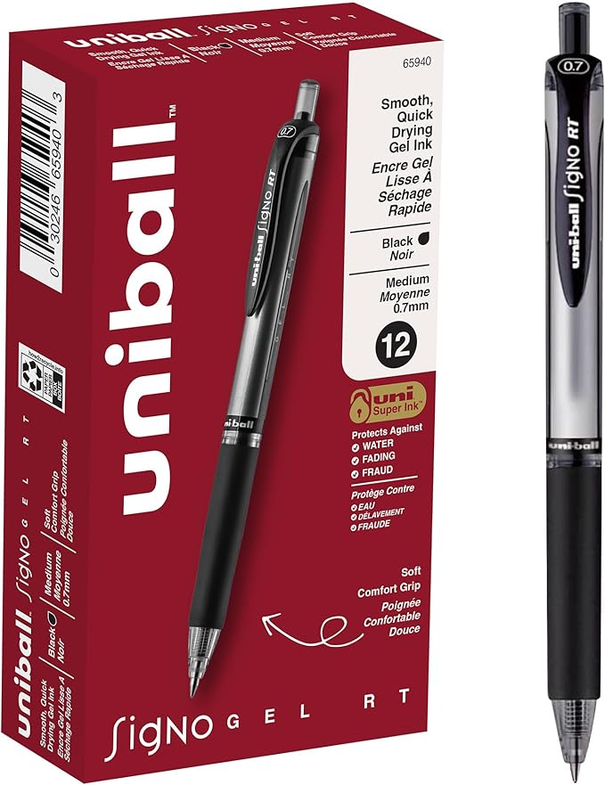 uniball Signo RT Gel Pens, Medium Point (0.7mm), Black, 12 Pack