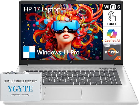 HP 17.3" Touchscreen Laptop PC Computer, 17 Inch HD+ Touch Screen Business Laptop Notebook, Windows 11 Pro, AMD Ryzen 5 (6-Cores), 32GB RAM 2TB SSD, 10-Key Number Pad, Copilot Key
