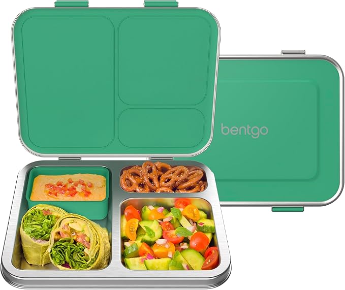 Bentgo Kids Stainless Steel Leak-Resistant Lunch Box - 3-Compartments with Bonus Silicone Container, Durable, Eco-Friendly, Dishwasher Safe, BPA-Free, Ideal for School, Ages 3+ (Green)