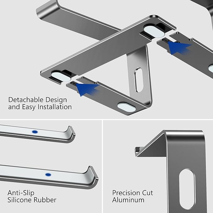 BESIGN LS03 Aluminum Laptop Stand, Ergonomic Detachable Computer Stand, Notebook Holder Compatible with Air, Pro, Dell, HP, Lenovo More 10-15.6" Laptops, Gray