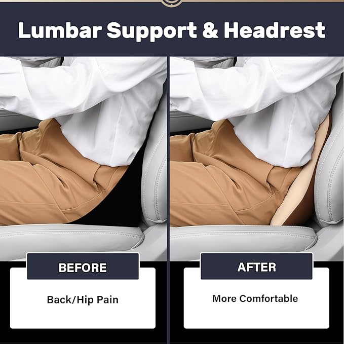 Coverado Lumbar Support and Car Neck Pillow, Ergonomic Memory Foam Desk Chair Cushion and Headrest Pillow for Car Office Chair, Sciatica & Neck & Tailbone Pain Relief Cushion-Beige