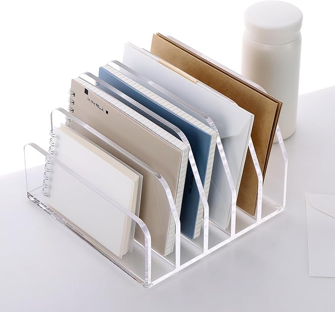 SANRUI Acrylic Desk File Organizer Holder for Desk, Clear Laddered 5 Upright Compartments Mail Sorters, Multifunction Desktop Envelope Folder Racks Document Holders for Office, Home, School