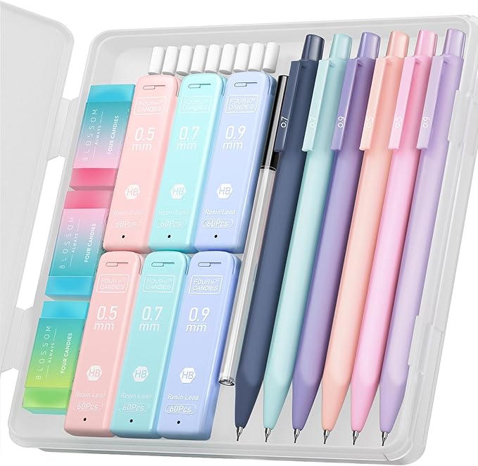 Four Candies Cute Mechanical Pencil Set, 6PCS Pastel Mechanical Pencils 0.5 mm & 0.7mm & 0.9mm with 360PCS Leads, 3PCS Erasers and 9PCS Eraser Refills, Aesthetic Pencils for Girls Writing, Art Drawing