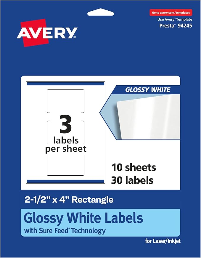 Avery Glossy White Rectangle Labels, Sure Feed Technology, 2.5" x 4", 30 Glossy White Labels, Print-to-The-Edge, Permanent Adhesive, Laser/Inkjet Printable