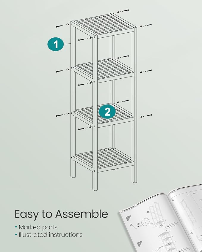SONGMICS Bamboo Storage Shelf, 4-Tier Shelving Unit, Multifunctional, in The Entryway, Bathroom, Living Room, Balcony, Kitchen, 13 x 13 x 38.6 Inches, Cloud White UBCB054W01
