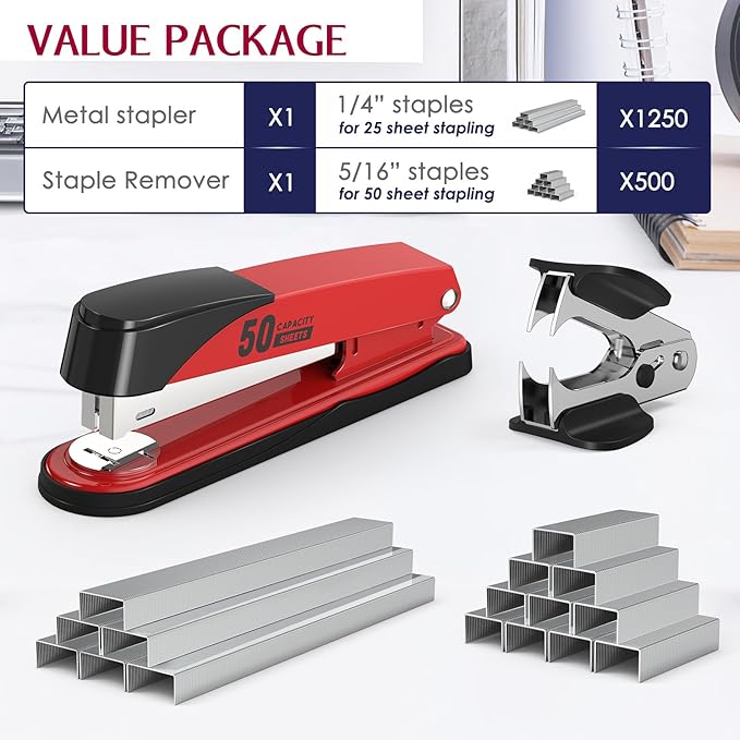 Metal Stapler Heavy Duty 50 Sheet Capacity with 1750 Staples and Staple Remover, Full Strip Staplers for Desk, No Jam, Non-Slip for Office & Classroom, Red